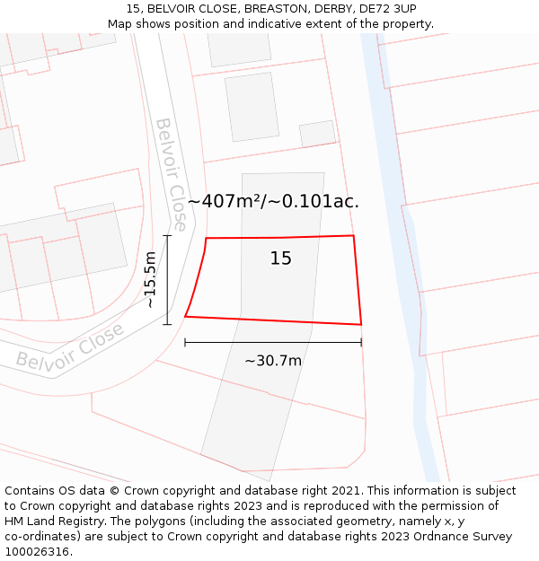 15, BELVOIR CLOSE, BREASTON, DERBY, DE72 3UP: Plot and title map