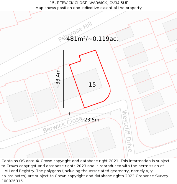 15, BERWICK CLOSE, WARWICK, CV34 5UF: Plot and title map