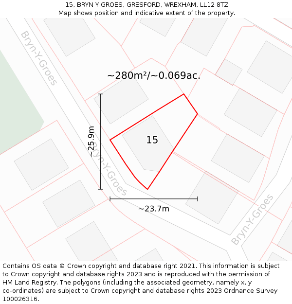 15, BRYN Y GROES, GRESFORD, WREXHAM, LL12 8TZ: Plot and title map