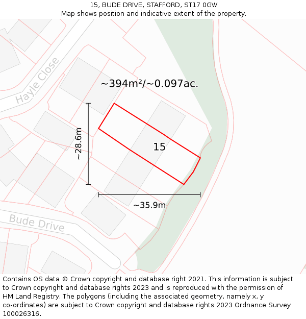 15, BUDE DRIVE, STAFFORD, ST17 0GW: Plot and title map
