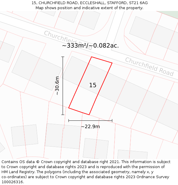 15, CHURCHFIELD ROAD, ECCLESHALL, STAFFORD, ST21 6AG: Plot and title map