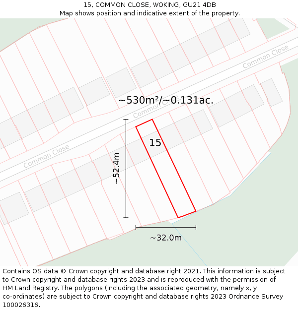 15, COMMON CLOSE, WOKING, GU21 4DB: Plot and title map