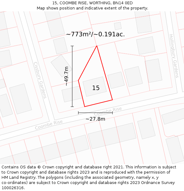 15, COOMBE RISE, WORTHING, BN14 0ED: Plot and title map