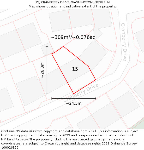 15, CRANBERRY DRIVE, WASHINGTON, NE38 8LN: Plot and title map