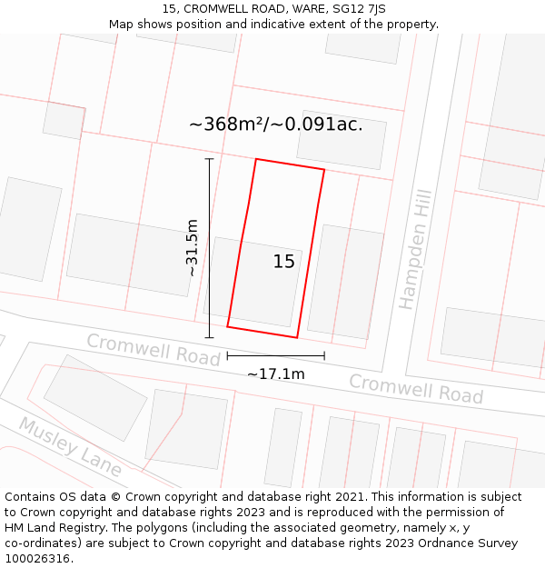 15, CROMWELL ROAD, WARE, SG12 7JS: Plot and title map