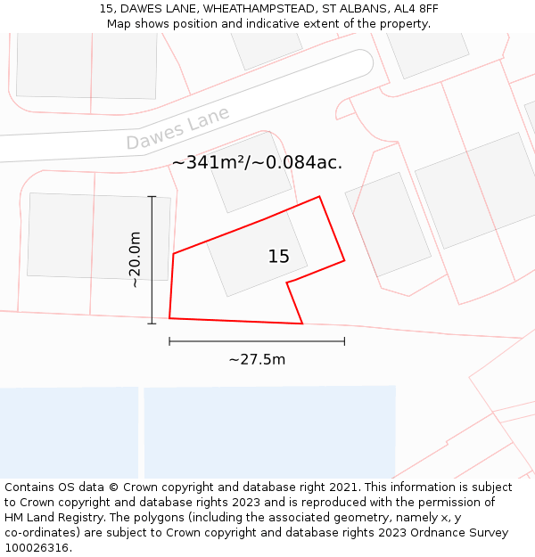 15, DAWES LANE, WHEATHAMPSTEAD, ST ALBANS, AL4 8FF: Plot and title map