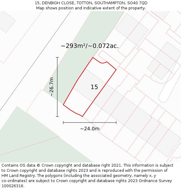 15, DENBIGH CLOSE, TOTTON, SOUTHAMPTON, SO40 7QD: Plot and title map