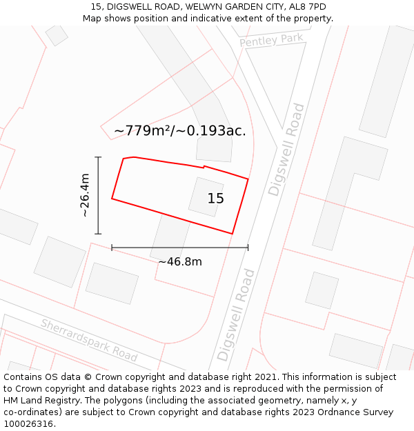 15, DIGSWELL ROAD, WELWYN GARDEN CITY, AL8 7PD: Plot and title map