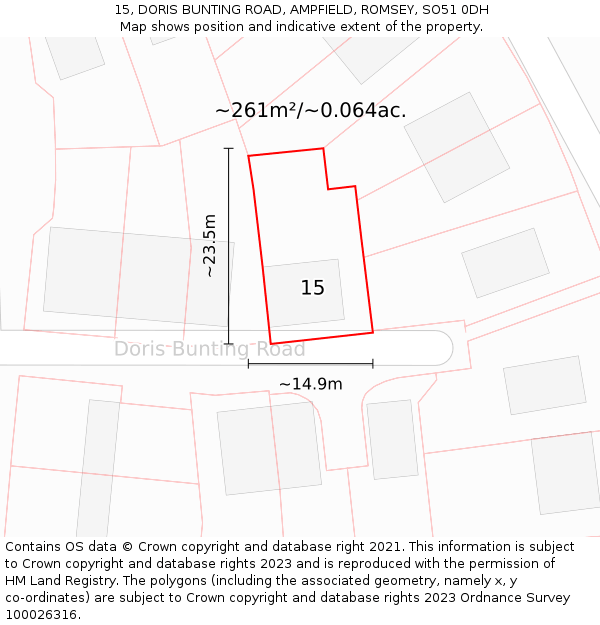 15, DORIS BUNTING ROAD, AMPFIELD, ROMSEY, SO51 0DH: Plot and title map