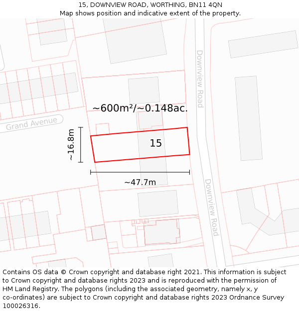 15, DOWNVIEW ROAD, WORTHING, BN11 4QN: Plot and title map