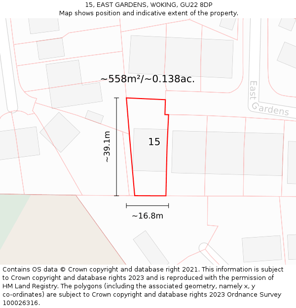 15, EAST GARDENS, WOKING, GU22 8DP: Plot and title map