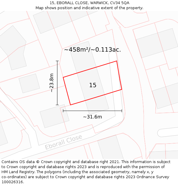 15, EBORALL CLOSE, WARWICK, CV34 5QA: Plot and title map