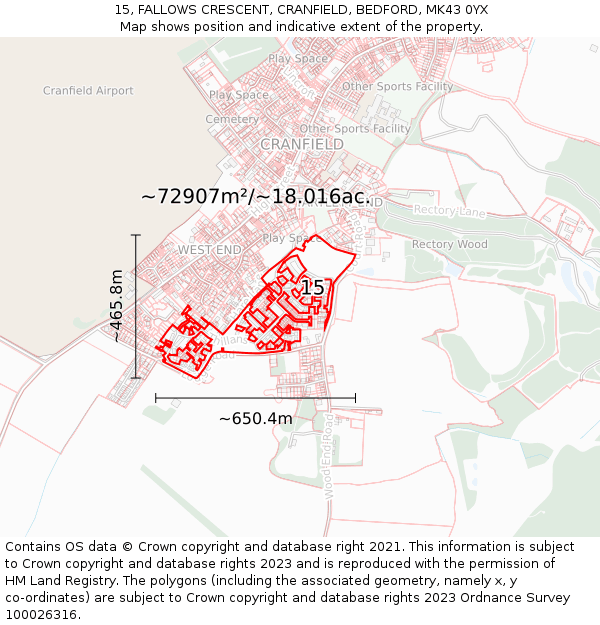 15, FALLOWS CRESCENT, CRANFIELD, BEDFORD, MK43 0YX: Plot and title map