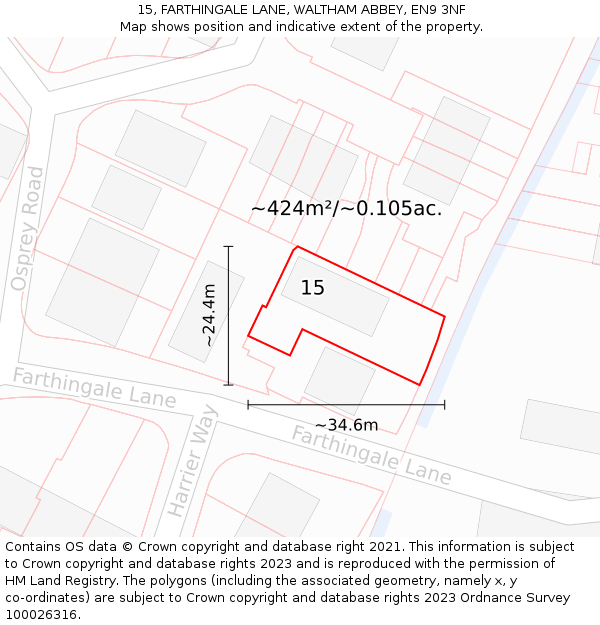 15, FARTHINGALE LANE, WALTHAM ABBEY, EN9 3NF: Plot and title map