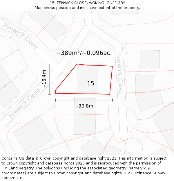 15, FENWICK CLOSE, WOKING, GU21 3BY: Plot and title map