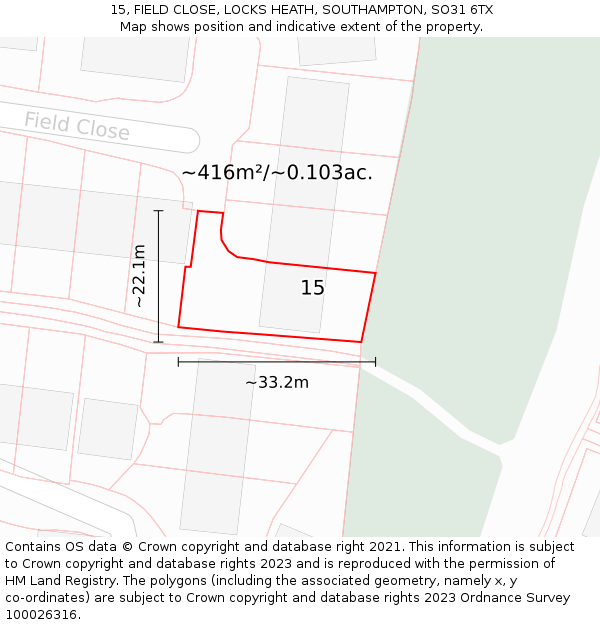 15, FIELD CLOSE, LOCKS HEATH, SOUTHAMPTON, SO31 6TX: Plot and title map