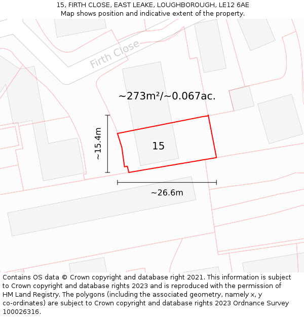 15, FIRTH CLOSE, EAST LEAKE, LOUGHBOROUGH, LE12 6AE: Plot and title map