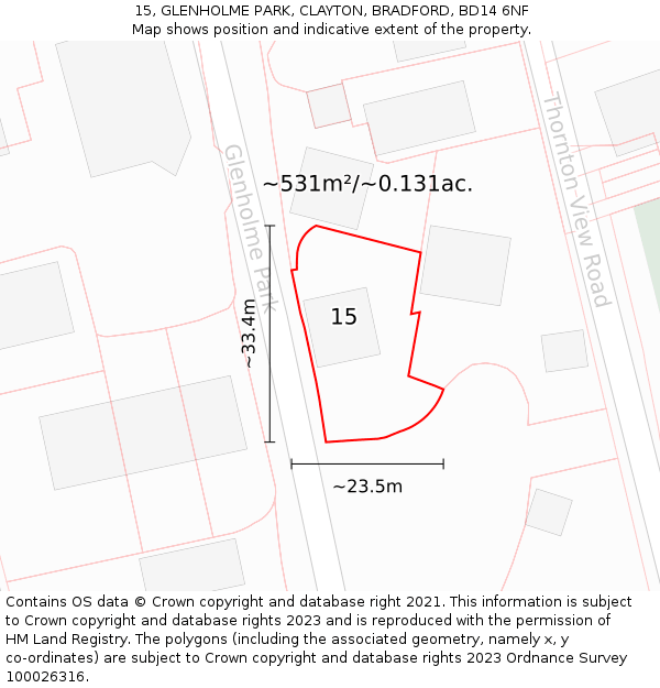 15, GLENHOLME PARK, CLAYTON, BRADFORD, BD14 6NF: Plot and title map