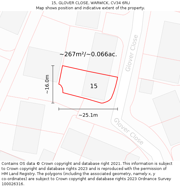 15, GLOVER CLOSE, WARWICK, CV34 6RU: Plot and title map