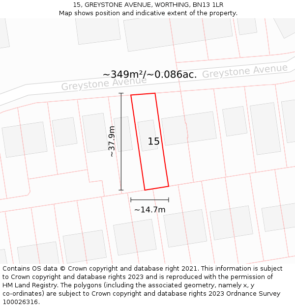 15, GREYSTONE AVENUE, WORTHING, BN13 1LR: Plot and title map