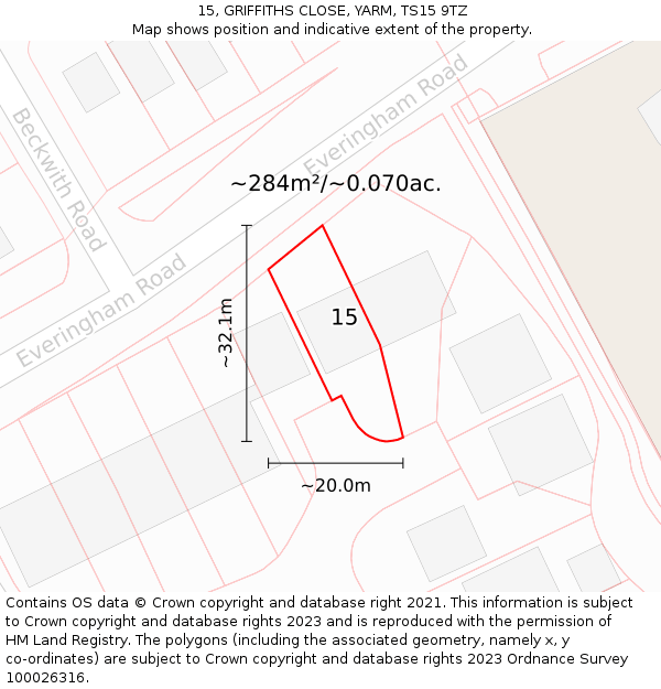 15, GRIFFITHS CLOSE, YARM, TS15 9TZ: Plot and title map