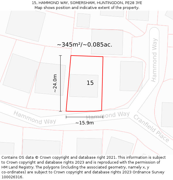 15, HAMMOND WAY, SOMERSHAM, HUNTINGDON, PE28 3YE: Plot and title map