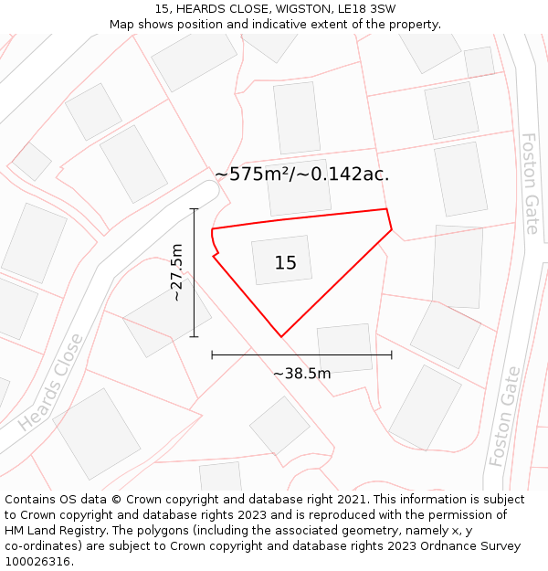 15, HEARDS CLOSE, WIGSTON, LE18 3SW: Plot and title map