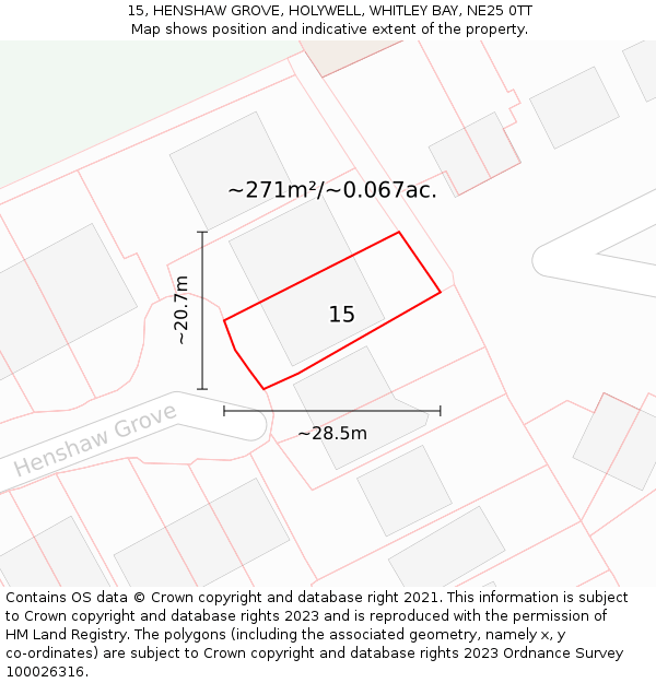 15, HENSHAW GROVE, HOLYWELL, WHITLEY BAY, NE25 0TT: Plot and title map