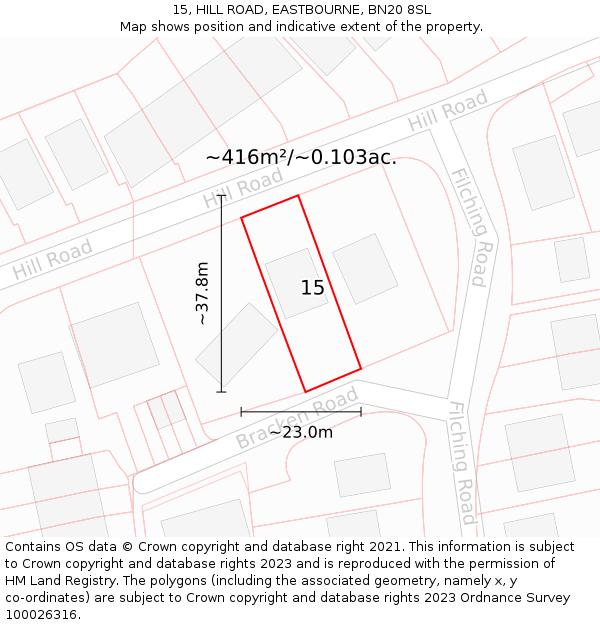 15, HILL ROAD, EASTBOURNE, BN20 8SL: Plot and title map