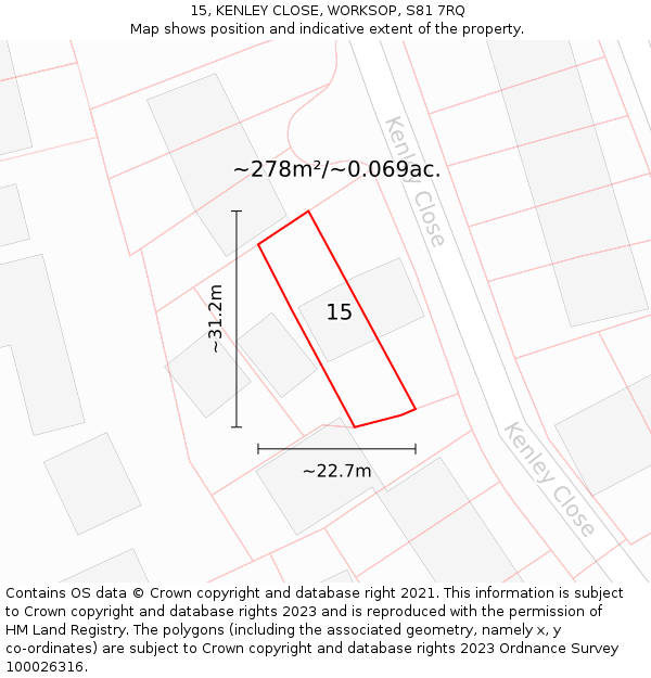 15, KENLEY CLOSE, WORKSOP, S81 7RQ: Plot and title map