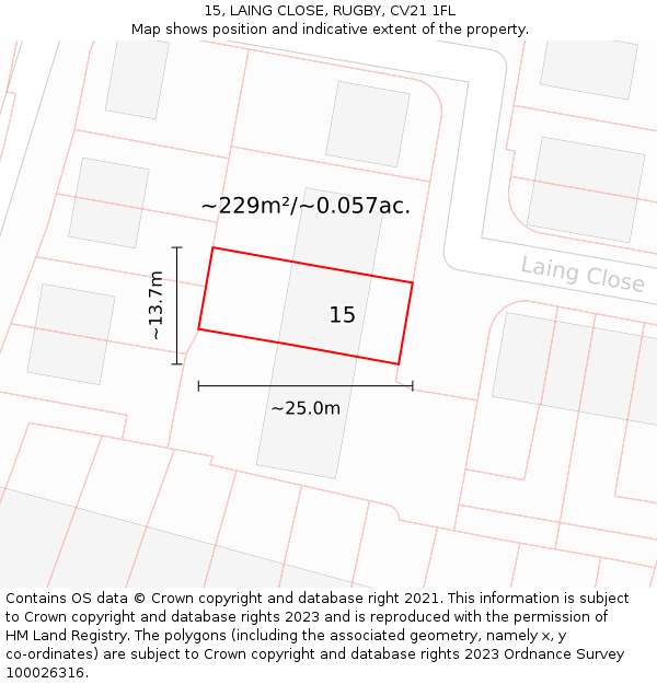 15, LAING CLOSE, RUGBY, CV21 1FL: Plot and title map