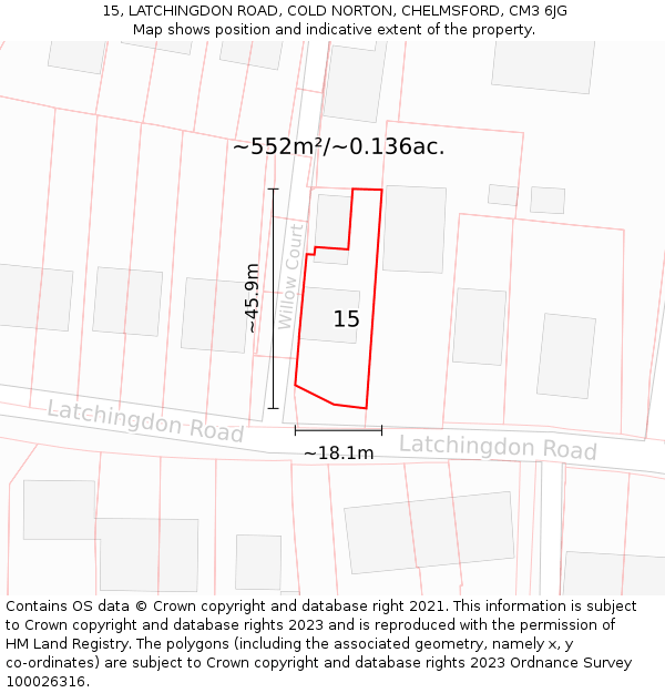 15, LATCHINGDON ROAD, COLD NORTON, CHELMSFORD, CM3 6JG: Plot and title map