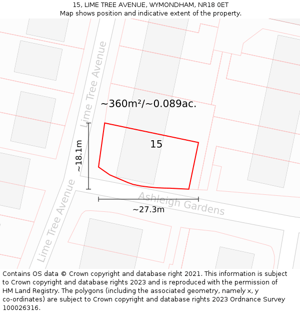 15, LIME TREE AVENUE, WYMONDHAM, NR18 0ET: Plot and title map