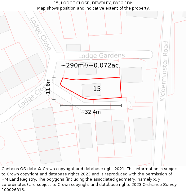 15, LODGE CLOSE, BEWDLEY, DY12 1DN: Plot and title map