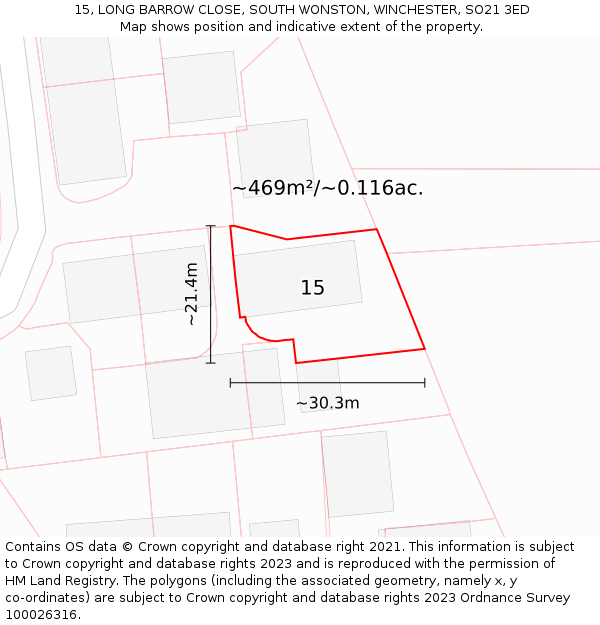 15, LONG BARROW CLOSE, SOUTH WONSTON, WINCHESTER, SO21 3ED: Plot and title map