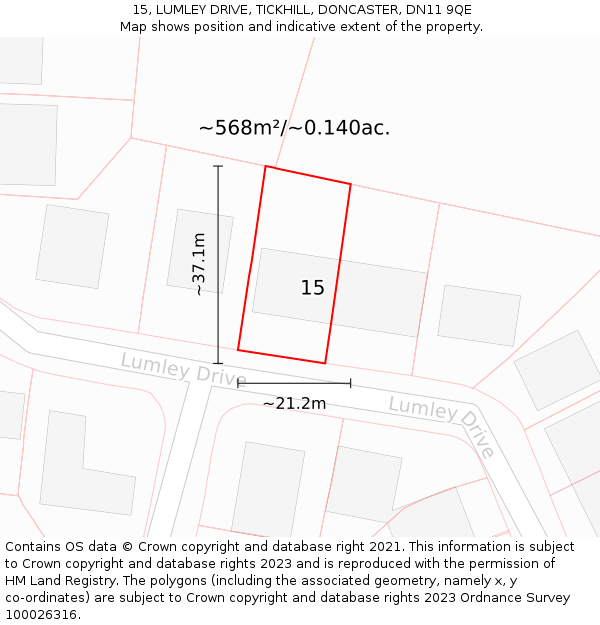 15, LUMLEY DRIVE, TICKHILL, DONCASTER, DN11 9QE: Plot and title map