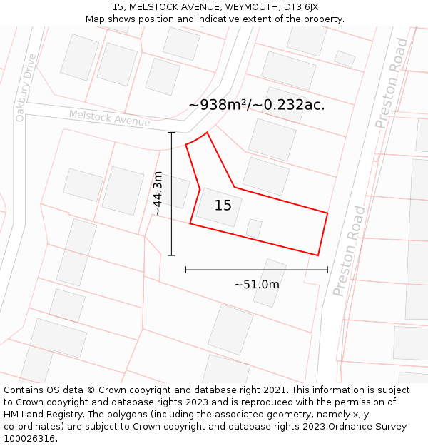 15, MELSTOCK AVENUE, WEYMOUTH, DT3 6JX: Plot and title map
