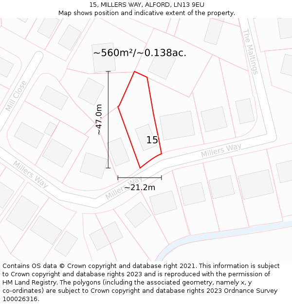 15, MILLERS WAY, ALFORD, LN13 9EU: Plot and title map