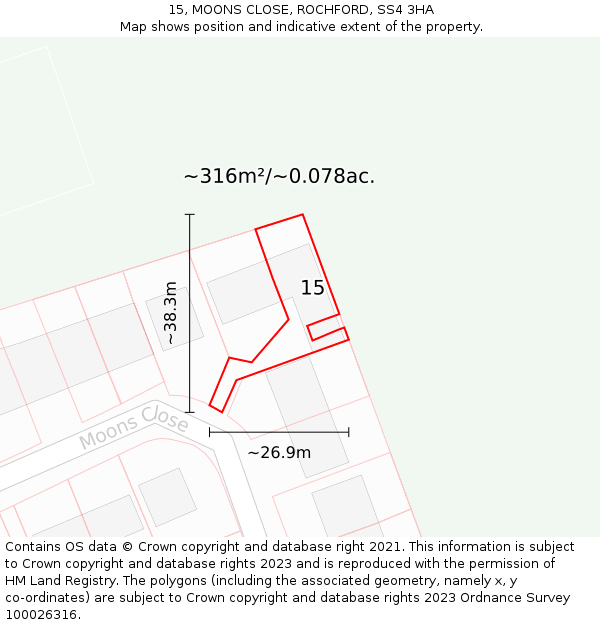 15, MOONS CLOSE, ROCHFORD, SS4 3HA: Plot and title map