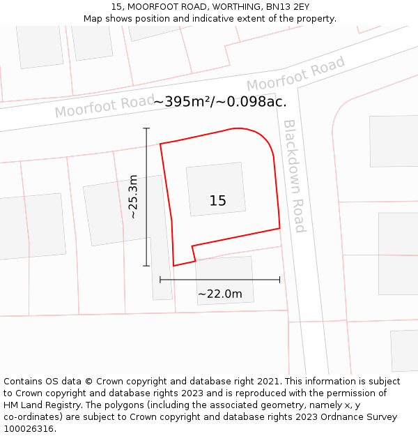 15, MOORFOOT ROAD, WORTHING, BN13 2EY: Plot and title map