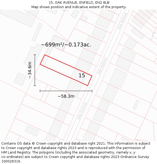 15, OAK AVENUE, ENFIELD, EN2 8LB: Plot and title map