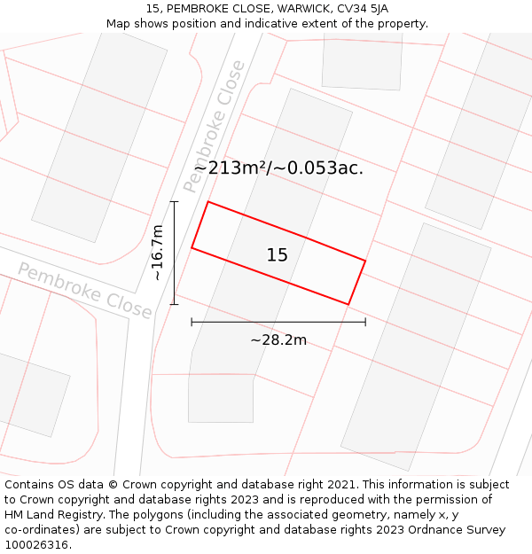 15, PEMBROKE CLOSE, WARWICK, CV34 5JA: Plot and title map