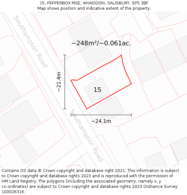 15, PEPPERBOX RISE, WHADDON, SALISBURY, SP5 3BF: Plot and title map