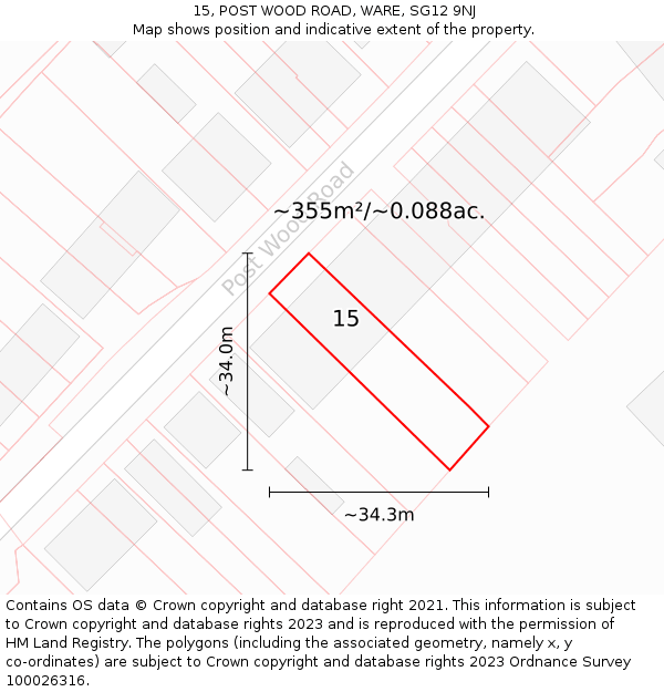 15, POST WOOD ROAD, WARE, SG12 9NJ: Plot and title map