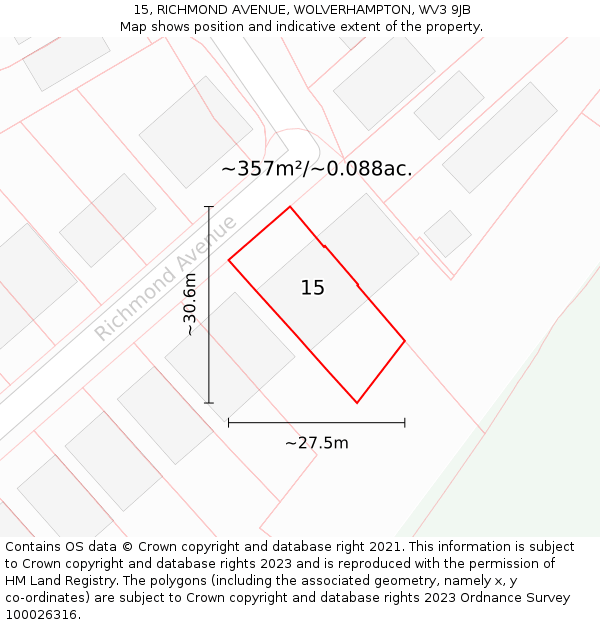 15, RICHMOND AVENUE, WOLVERHAMPTON, WV3 9JB: Plot and title map