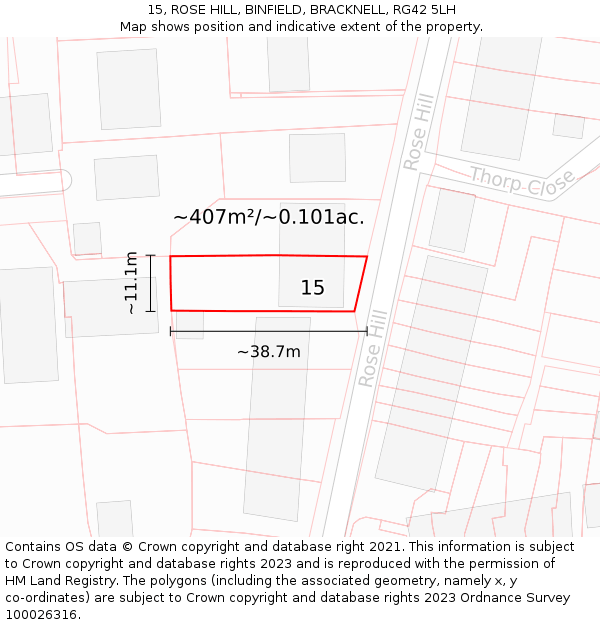 15, ROSE HILL, BINFIELD, BRACKNELL, RG42 5LH: Plot and title map