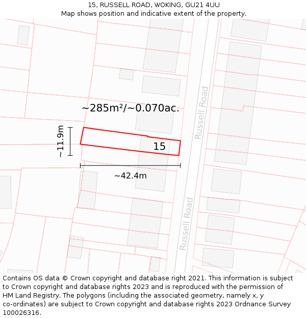 15, RUSSELL ROAD, WOKING, GU21 4UU: Plot and title map