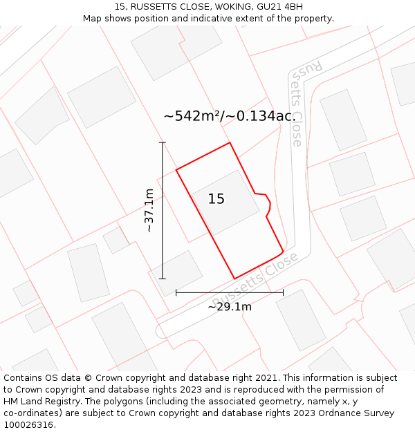 15, RUSSETTS CLOSE, WOKING, GU21 4BH: Plot and title map