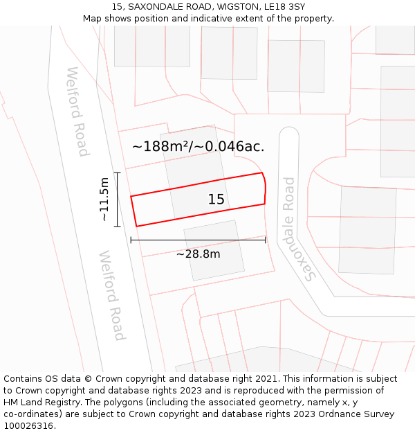 15, SAXONDALE ROAD, WIGSTON, LE18 3SY: Plot and title map