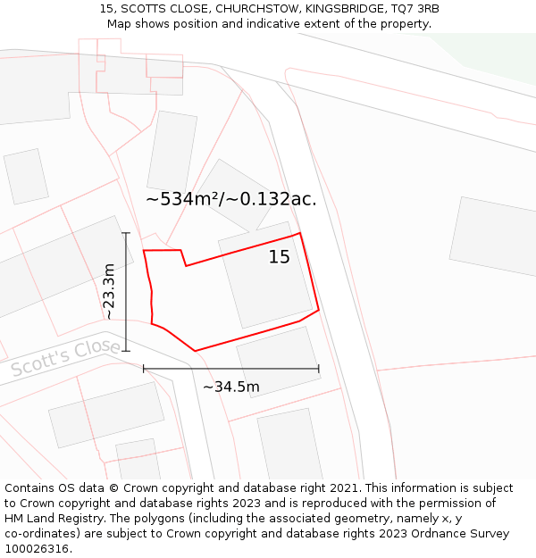 15, SCOTTS CLOSE, CHURCHSTOW, KINGSBRIDGE, TQ7 3RB: Plot and title map